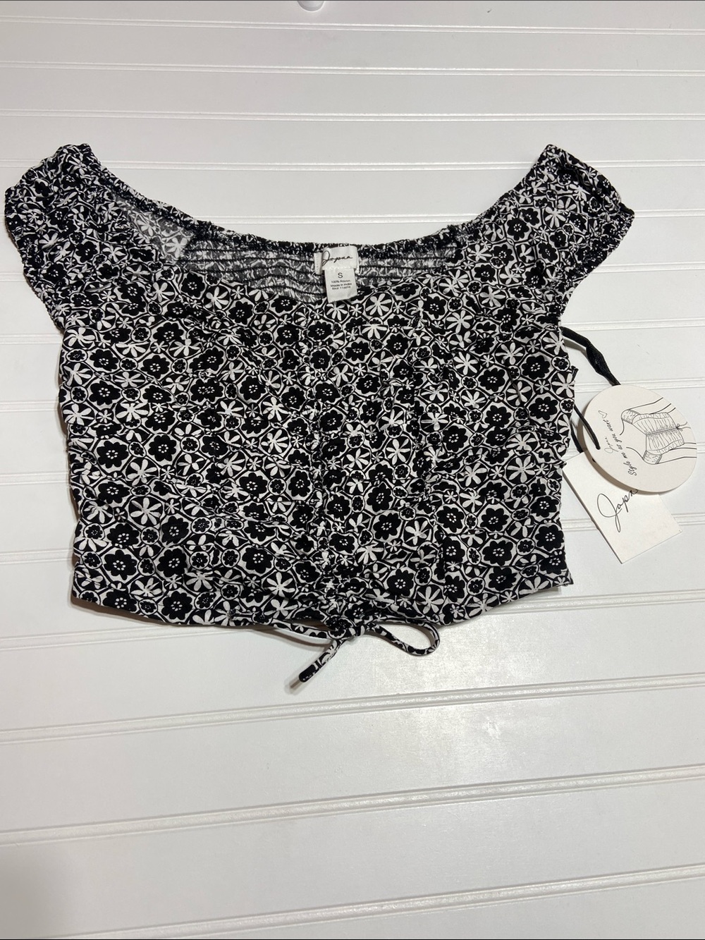 NWT Y2K Fairycore Smocked Cinched Ruched Crop Top Sz S Blk/Wht Floral Peasant